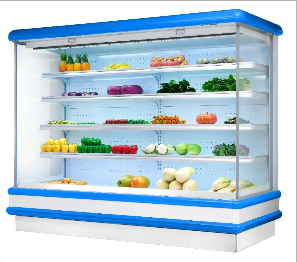 Built in Compressor Plastic Curtain Open Front Upright Refrigerator for Fruit Vegetables Beverage for Supermarket