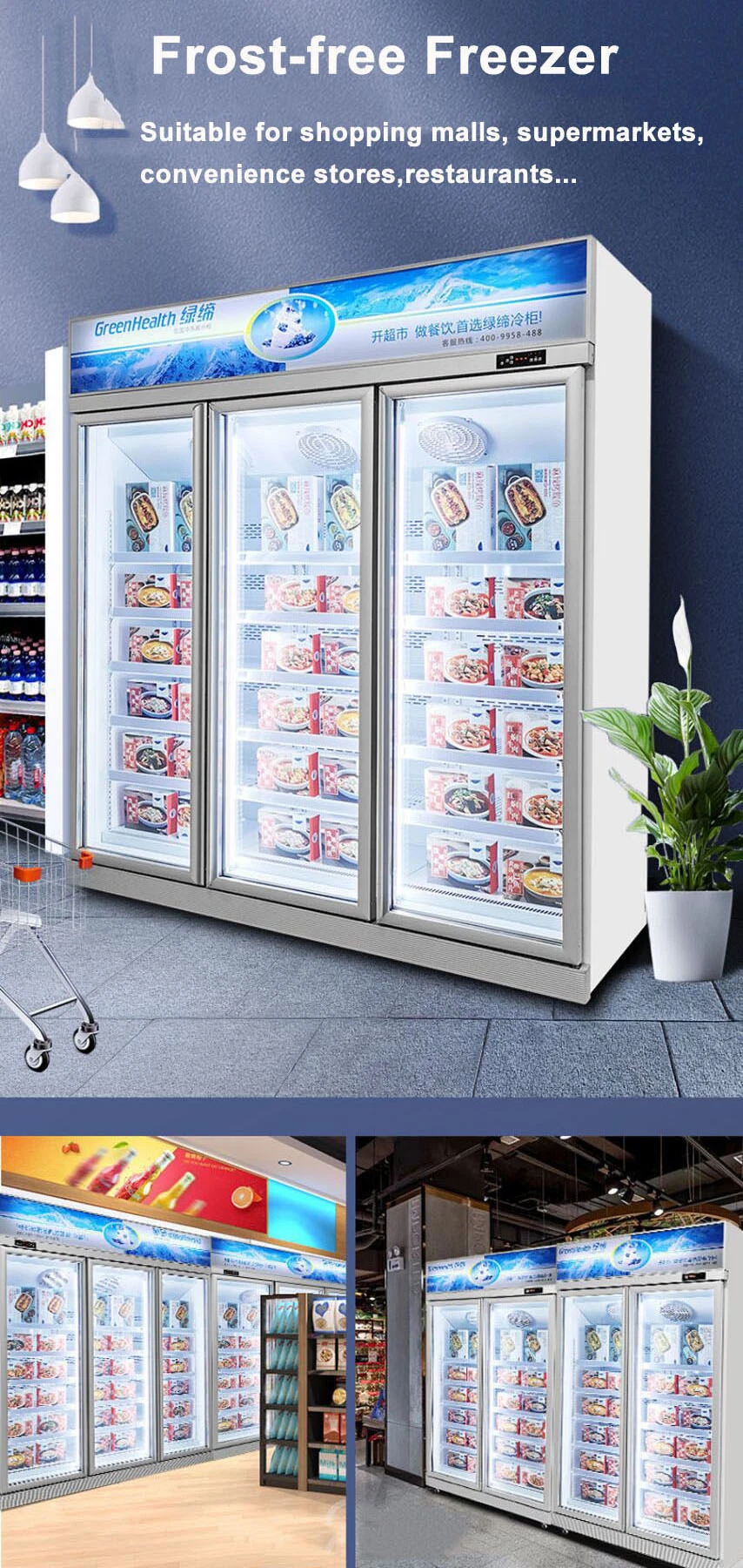 Wholesale Dynamic Cooling Double Transparent Glass Door Refrigerator Freezer with Inverter Compressor