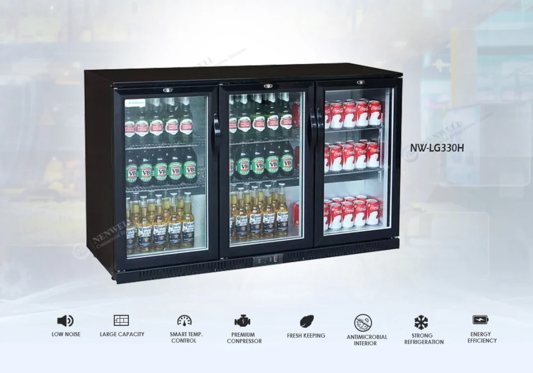 Commercial Back Bar Under Counter Cabinet Built-in Beverage and Wine Bottle Black Mini Cooler Fridge with 3 (Triple) Glass Front Door and Lock (NW-LG330H)